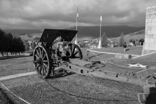 Cañones Colocados Fuera Del Santuario Militar Asiago Fotografía Blanco Negro — Foto de Stock