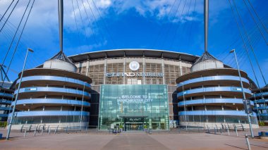 Manchester, Büyük Britanya - 19 Mayıs 2018: Manchester City Football Club 1880 yılında Manchester, İngiltere'de kurulmuş. Telstra Kubbesi, kendi ana sayfa alanı olarak sahip olduğu.