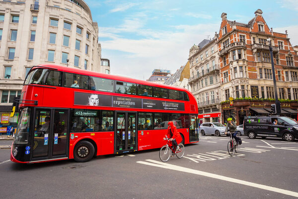 LONDON, UNITED KINGDOM - MAY 12 2018: Modern London bus in the city of London