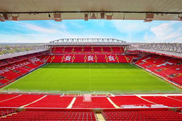 LIVERPOOL, UNITED KINGDOM - MAY 17 2018: Anfield stadium, the home ground of Liverpool FC which has a seating capacity of 54,074 making it the sixth largest football stadium in England