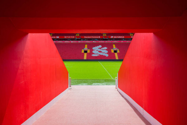 LIVERPOOL, UNITED KINGDOM - MAY 17 2018: Anfield stadium, the home ground of Liverpool FC which has a seating capacity of 54,074 making it the sixth largest football stadium in England