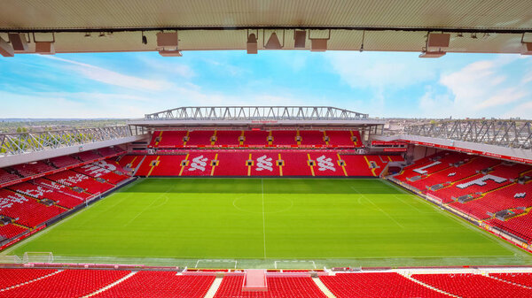 LIVERPOOL, UNITED KINGDOM - MAY 17 2018: Anfield stadium, the home ground of Liverpool FC which has a seating capacity of 54,074 making it the sixth largest football stadium in England