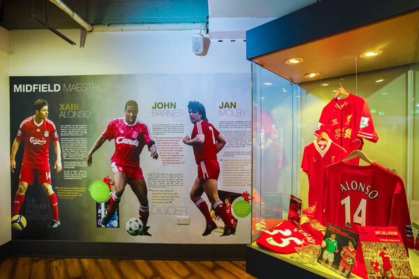 LIVERPOOL, UNITED KINGDOM - MAY 17 2018: The Liverpool FC Story is the museum that dedicated to stars of the past to present, player profiles and videos of LFC heroes in action in historic moments