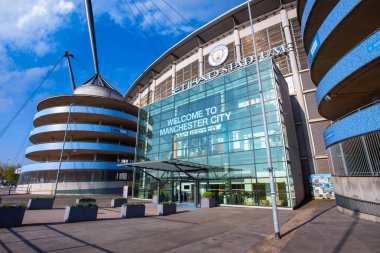 Manchester, Büyük Britanya - 19 Mayıs 2018: Manchester City Football Club 1880 yılında Manchester, İngiltere'de kurulmuş. Telstra Kubbesi, kendi ana sayfa alanı olarak sahip olduğu.