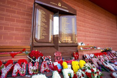 LIVERPOOL, UK - MAY 17 2018: Hillsborough memorial for the 96 victims in Hillsborough disaster constructed 2015 situated in a specially-designed garden in front of the Anfield stadium Main Stand clipart