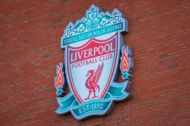 LIVERPOOL, UK - MAY 17 2018: Anfield stadium, the home ground of Liverpool FC which has a seating capacity of 54,074 making it the sixth largest football stadium in England clipart