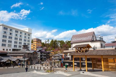 Gunma, Japan - 27 Nisan 2018: Kusatsu Onsen Tokyo yaklaşık 200 kilometre north-northwest bulunan, Japonya'nın en ünlü kaplıca tatil biri asırlardır 's