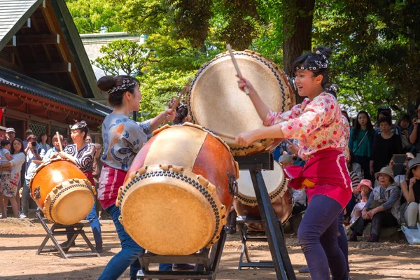 Tokio Japonia Kwietnia 2018 Niezidentyfikowane Grupy Kobiet Wykonać Japoński Taiko — Zdjęcie stockowe