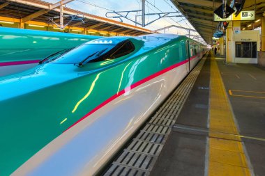 Sendai, Japonya - 21 Nisan 2018: Hayabusa başlangıçta 300 km/s maksimum hızda işletilen Jr Doğu şirketi kullanımı 10-araba E5 serisi setleri tarafından işletilen bir yüksek hızlı Shinkansen hizmetidir