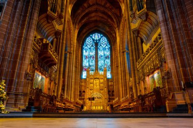 Liverpool, İngiltere - 16 Mayıs 2018: Bir tasarım Giles Gilbert Scott, 1904 ve 1978 yılları arasında inşa edilmiştir Liverpool Katedrali dayalı ve bu dünyanın en büyük Anglikan Kilisesi