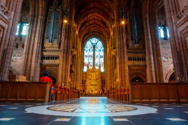 Liverpool, İngiltere - 16 Mayıs 2018: Bir tasarım Giles Gilbert Scott, 1904 ve 1978 yılları arasında inşa edilmiştir Liverpool Katedrali dayalı ve bu dünyanın en büyük Anglikan Kilisesi