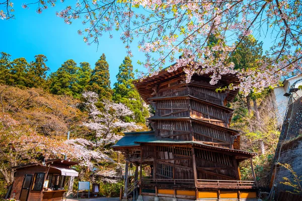 Templo Aizu Sazaedo Con Flor Cerezo Fukushima Japón — Foto de Stock