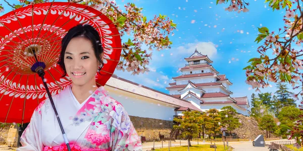 Japonské Ženy Kimono Šaty Aizuwakamatsu Hrad Třešňový Květ Japonské Fukušimě — Stock fotografie
