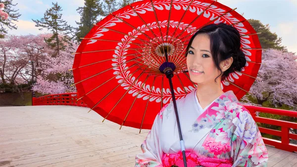 Japonská Žena Kimono Šaty Kvetoucí Sakura Třešňový Květ Hirosaki Park — Stock fotografie