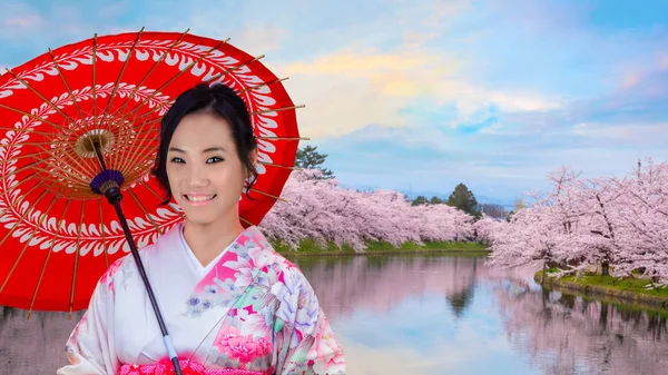 Mulher Japonesa Vestido Kimono Com Flor Cheia Sakura Cherry Blossom — Fotografia de Stock