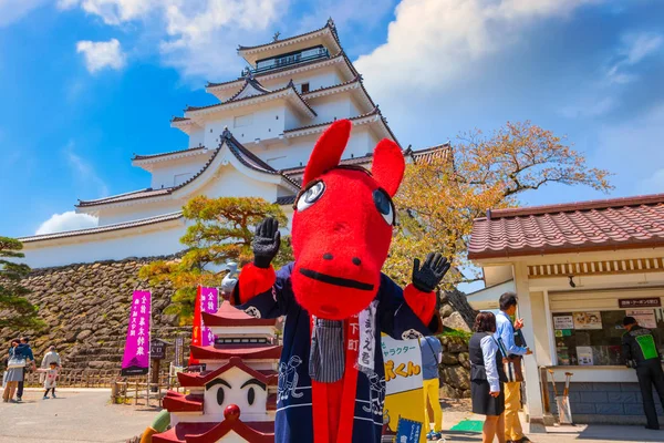 Aizuwakamatsu Japan April 2018 Unidentified Japanese Dresses Akabeko Legendary Cow — Zdjęcie stockowe