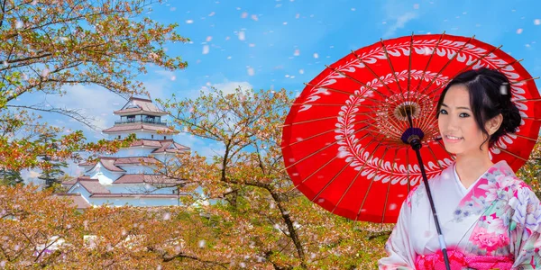 Japonská Žena Kimono Šaty Aizuwakamatsu Hrad Třešňový Květ Japonské Fukušimě — Stock fotografie