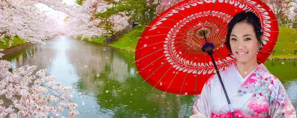 Japonská Žena Kvetoucí Sakura Třešňový Květ Hirosaki Park Jeden Nejkrásnějších — Stock fotografie