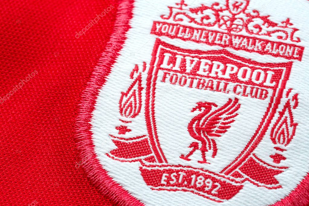 Bangkok, Thailand - January 17 2019: Close-up of Liverpool FC football home jersey circa 2000 - 2002 with  club's emblem