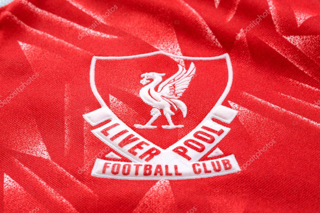 Bangkok, Thailand - January 17 2019: Close-up of Liverpool FC football home jersey circa 1989-1991 with  club's emblem