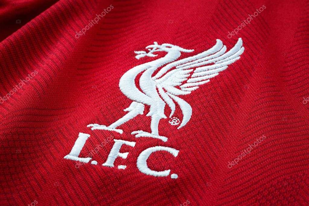 Bangkok, Thailand - January 17 2019: Close-up of Liverpool FC football home jersey circa 2018-2019 with  club's emblem