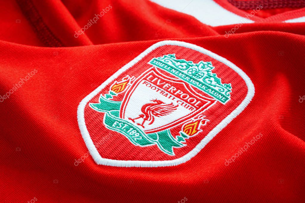 Bangkok, Thailand - January 17 2019: Close-up of Liverpool FC football home jersey circa 2002-2004 with  club's emblem