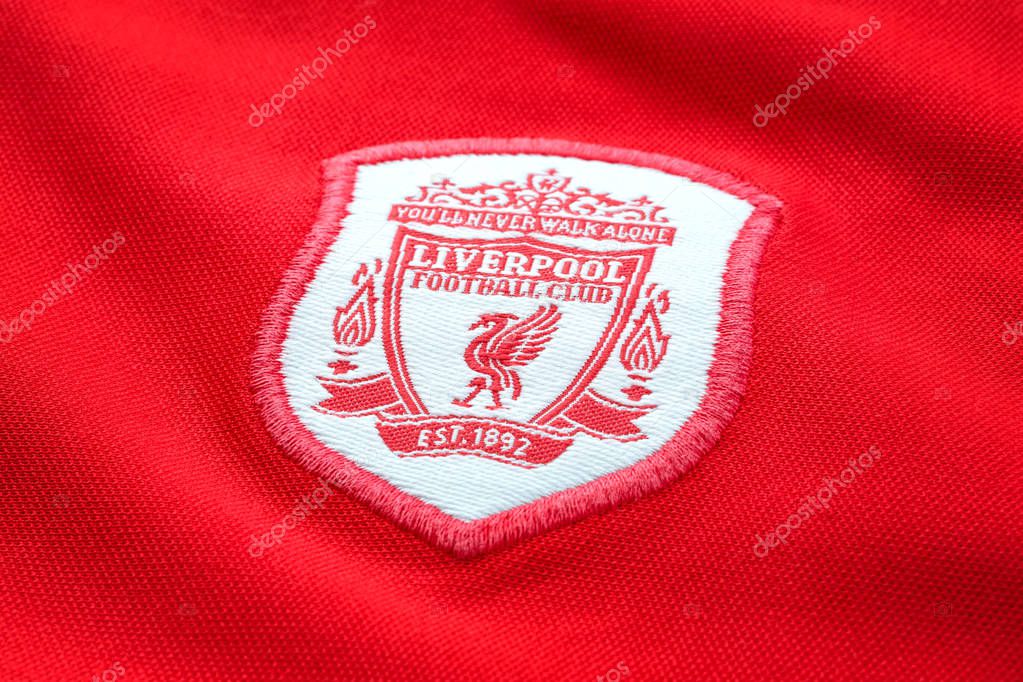 Bangkok, Thailand - January 17 2019: Close-up of Liverpool FC football home jersey circa 2000 - 2002 with  club's emblem