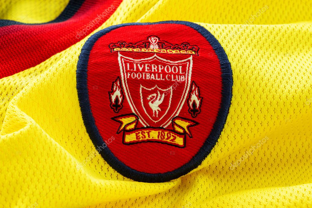 Bangkok, Thailand - January 17 2019: Close-up of Liverpool FC football away jersey circa 1997 - 1999 with  club's emblem