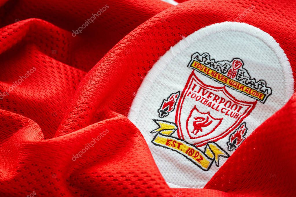 Bangkok, Thailand - January 17 2019: Close-up of Liverpool FC football home jersey circa 1998-2000 with club's emblem