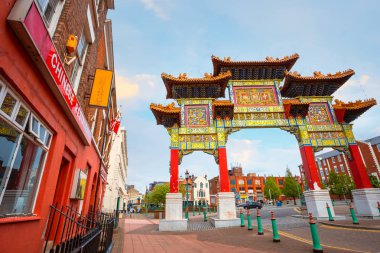 Liverpool, İngiltere - 16 Mayıs 2018: Chinatown en eski Çin com olduğunu