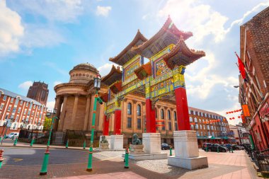 Liverpool, İngiltere - 16 Mayıs 2018: Chinatown en eski Çin com olduğunu