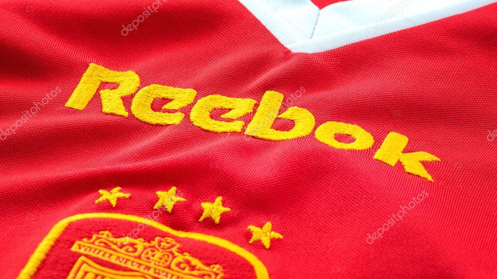 Bangkok, Thailand - January 17 2019: Close-up of Liverpool FC football home jersey used for UEFA champions league competition circa 2001-2003 with the club's emblem
