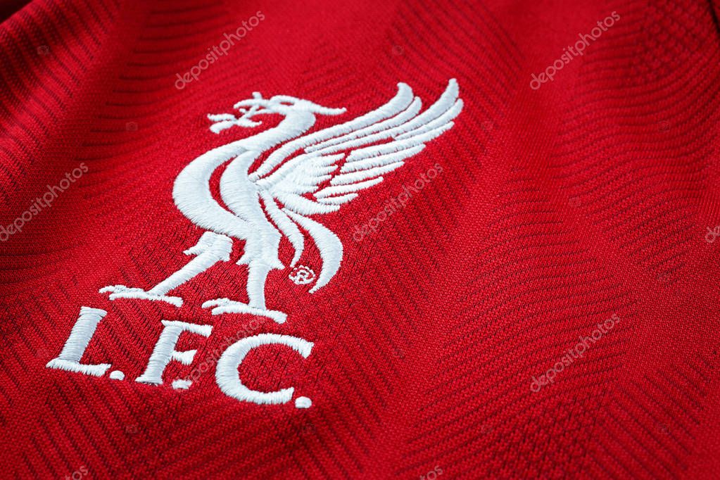 Bangkok, Thailand - January 17 2019: Close-up of Liverpool FC football home jersey circa 2018-2019 with  club's emblem