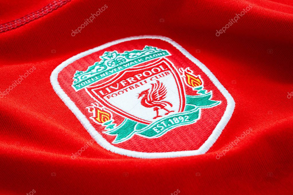 Bangkok, Thailand - January 17 2019: Close-up of Liverpool FC football home jersey circa 2002-2004 with  club's emblem