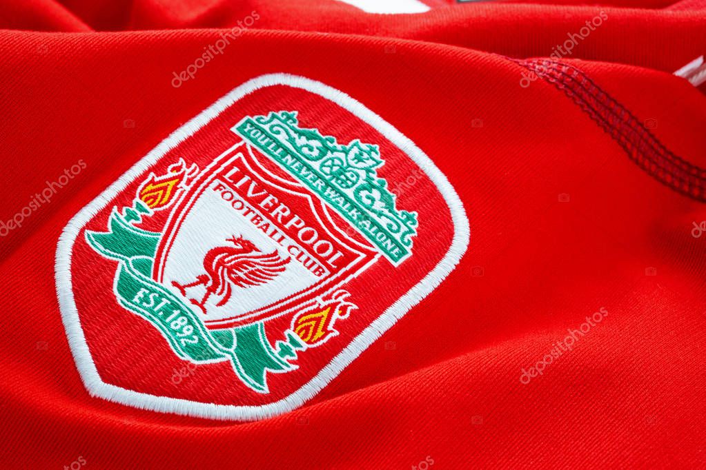 Bangkok, Thailand - January 17 2019: Close-up of Liverpool FC football home jersey circa 2002-2004 with  club's emblem
