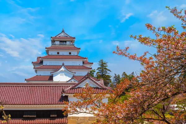 Aizuwakamatsu slott med körsbärsblomma — Stockfoto