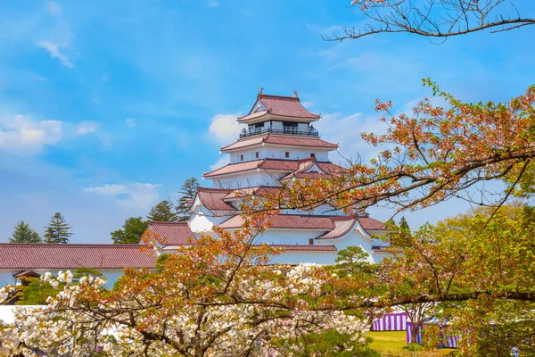 Aizuwakamatsu Castle med körsbärsblomma i Fukushima, Japan — Stockfoto