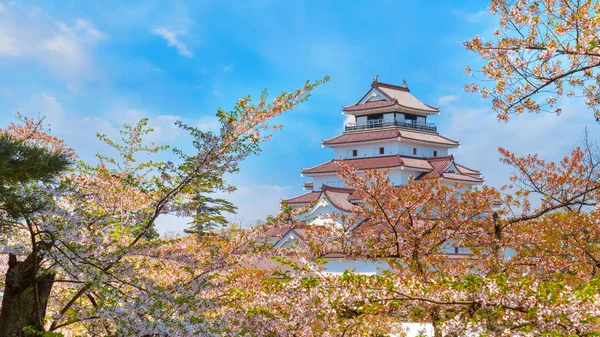 Aizuwakamatsu kasteel met kersenbloesem in Fukushima, Japan — Stockfoto