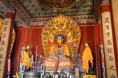 Pekin, Çin - 12 Ocak 2020: Yonghegong Lama Tapınağı 'ndaki dini heykel - Barış ve Uyum Sarayı