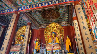 Beijing, China - Jan 12 2020:  Religious statue at Yonghegong Lama  Temple - the Palace of Peace and Harmony clipart