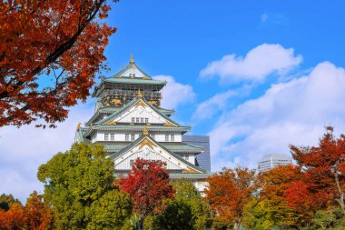Osaka Kalesi 'nin sonbaharda Osaka, Japonya' da güzel yeşillikleri olan manzarası.