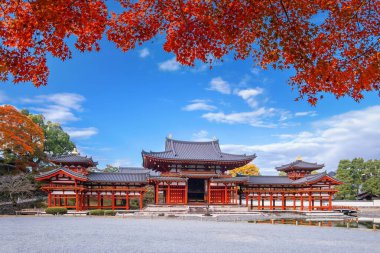 Japonya 'nın başkenti Kyoto' da sonbaharda güzel yeşillikleri olan Phoenix Byodo-in Tapınağı 'nın manzarası.