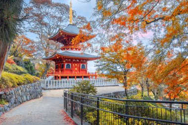 Japonya 'nın Osaka kentinde sonbaharda güzel yeşillikleri olan Katsuoji Tapınağı manzarası