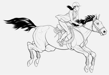 Binici ve bir engel atlama kursu müzakere aygır. Doğrusal illüstrasyon Binicilik mal veya arazi Binicilik için tasarlanmış. At ve sporcumuz geçer yol.