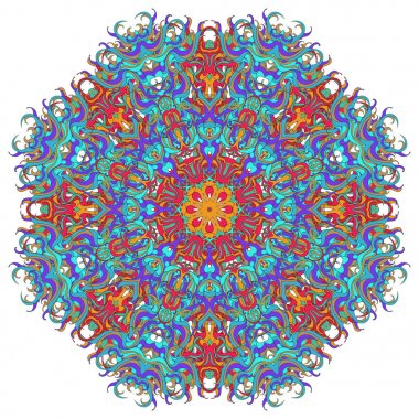 Soyut radyal dekorasyon izleri. Hint dairesel desen, yeşil, mavi ve kırmızı renklerde süs çiçek mandala. Meditasyon sınıfları için süs.