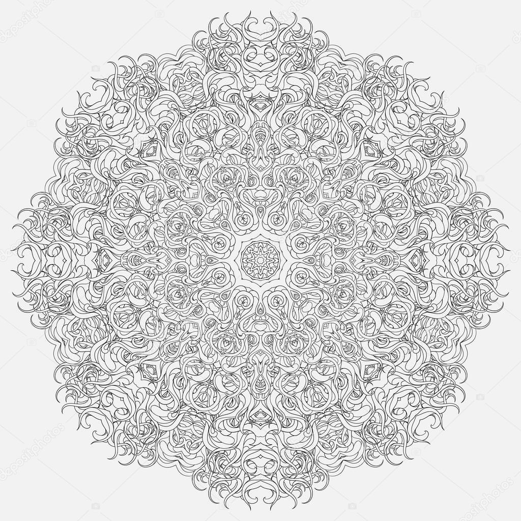 Abstract monochrome circular tracery and patterned snowflake. Linear decorative ornamental mandala. Adornment for meditation classes.