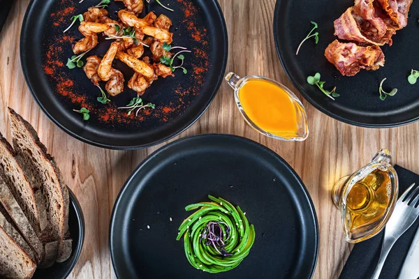 Food Party Concept Top View Food Lunch Shrimp Avocado Bacon — Stock Photo, Image