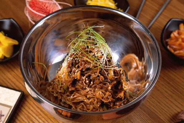 Close up view on traditional korean food. Noodle with vagetables. Selective focus. Korean, asian cuisine. Restaurant, food menu, recipe, cafe concept. Lifestyle food