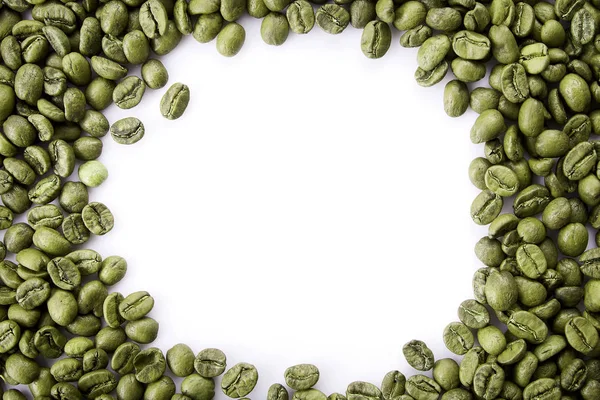 Bir Çerçeveden Yeşil Kahve Çekirdekleri Ile Boş Kopya Alanı Üstten — Stok fotoğraf