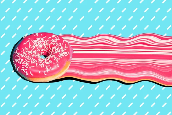 Kreatives Konzept fliegenden Donuts im Weltraum. kreatives Lebensmittelplakat. Sommer-Dessert-Karte. Lebensmittel-Hintergrund. minimales trendiges Layout. futuristische geometrische Vorlage für Banner. Karikatur — Stockfoto